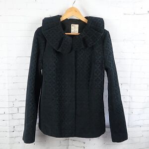TULLE BLACK GEOMETRIC FLORAL EMBOSSED DESIGN RUFFLE NECK JACKET  SIZE L